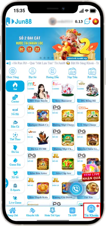 Bước 1: Tại Trang chủ » chọn Tài khoản